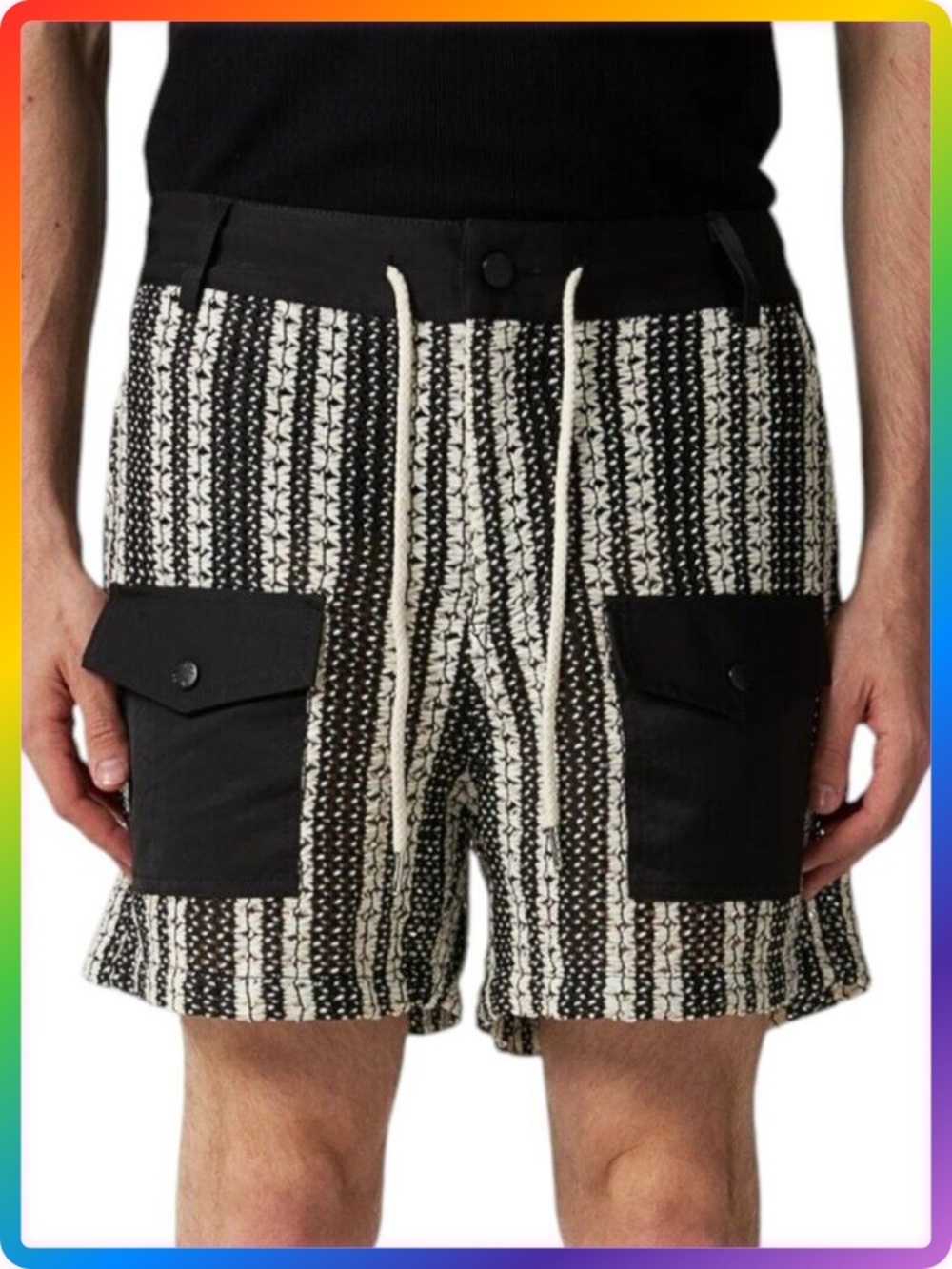 Fried Rice Black White Crochet Striped Utility Shorts UNISEX M NWOT